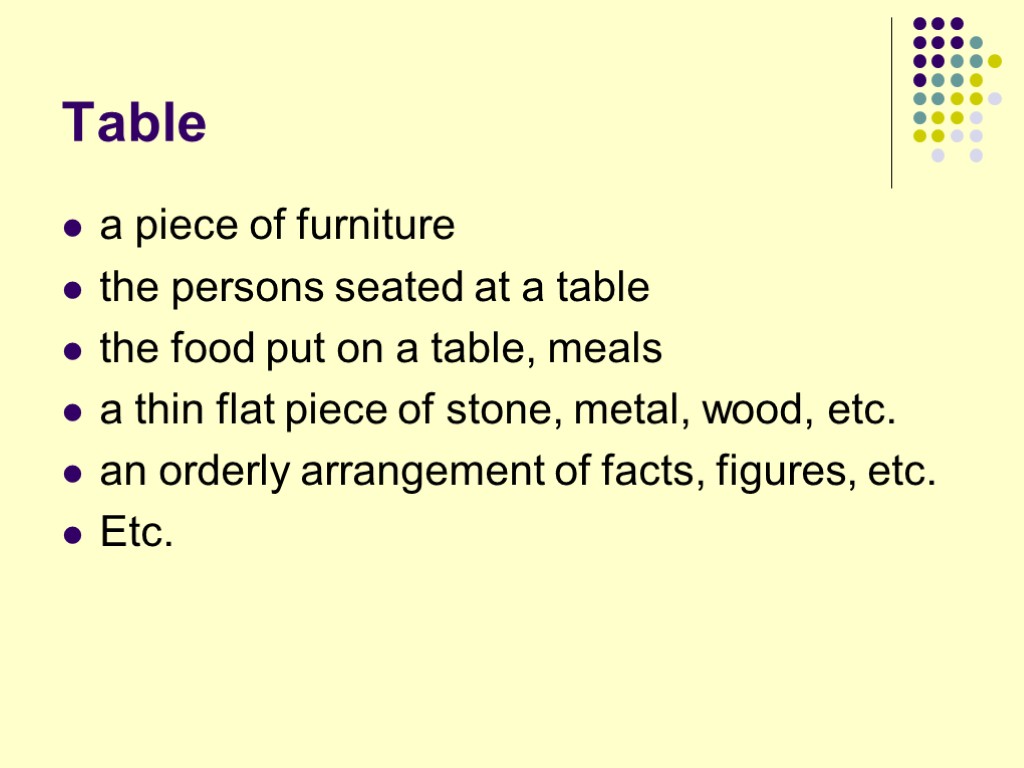 Table a piece of furniture the persons seated at a table the food put